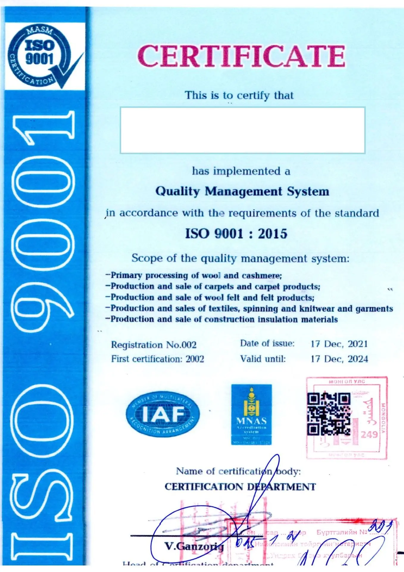ISO certificate